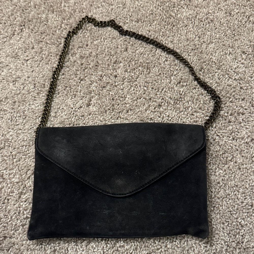 J. Crew black suede envelope clutch bag with a chain strap